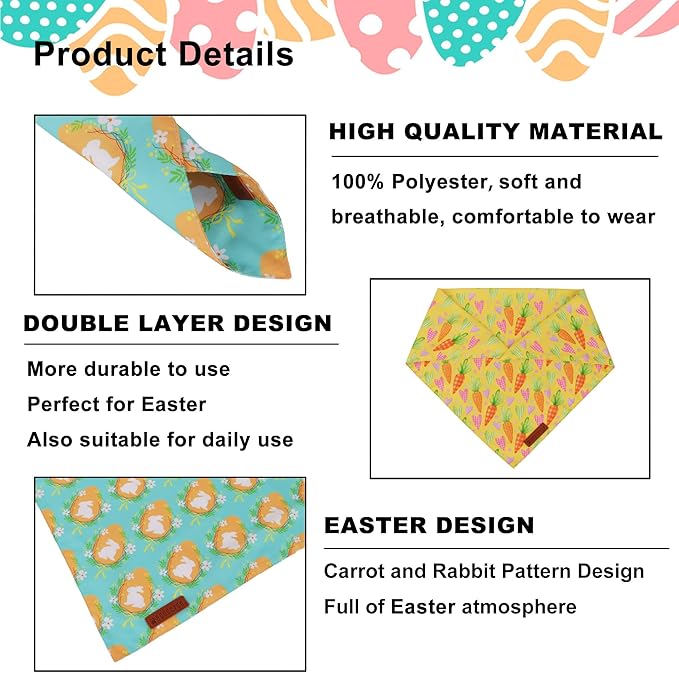 ADOGGYGO Easter Dog Bandana 2 Pack, Bunny Egg Carrot Print Pet Scarf Bib, Adjustable Fit Green Yellow Easter Bandanas for Extra Large Dogs (X-Large)