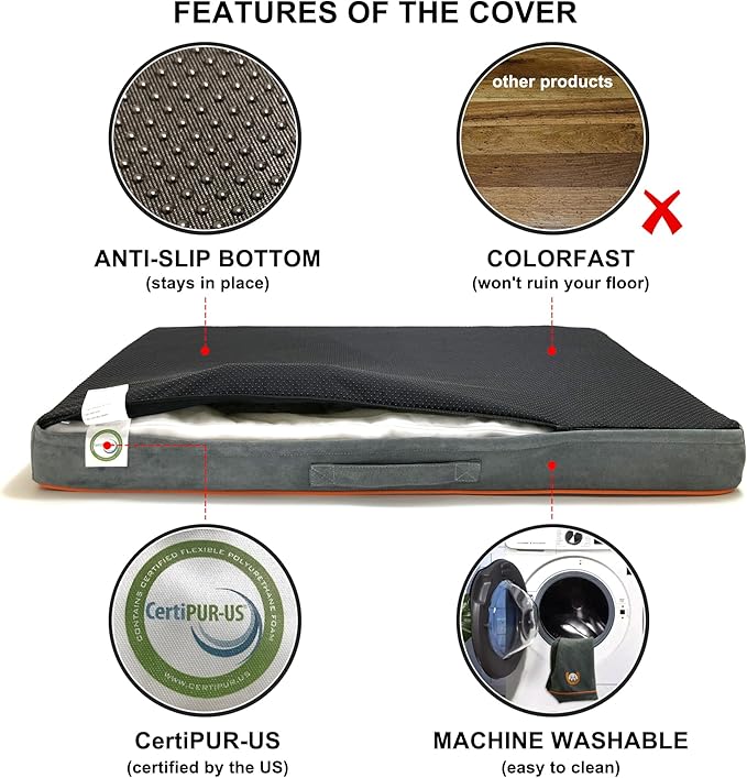 Hard-Wearing Orthopedic Dog Bed for Crate, 41x27 Inch, Made of Memory and HR Foam, Two-Sided Use, Providing Soft and Relatively Hard Support, with an Extra Inner Waterproof Protector (Gray)