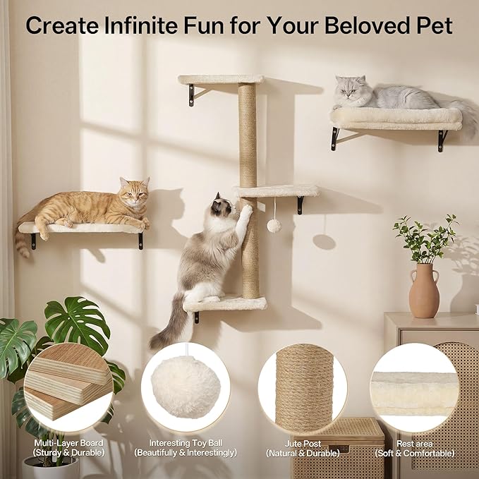 MEWANG 5-in-1 Cat Wall Shelves: Cat Climbing Furniture with Wall Mounted Perch & Lounge for Indoor Cats, Space-Saving Wall Pet Shelves for Play & Rest - Beige (White)