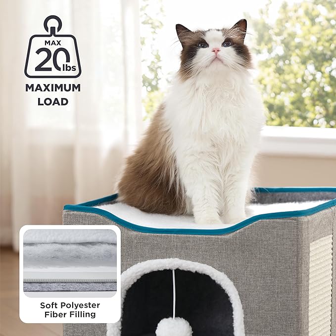 Bedsure Cat Beds for Indoor Cats - Large Cat Cave for Pet Cat House with Fluffy Ball Hanging and Scratch Pad, Foldable Cat Hideaway, 16.5x16.5x13 inches, Green