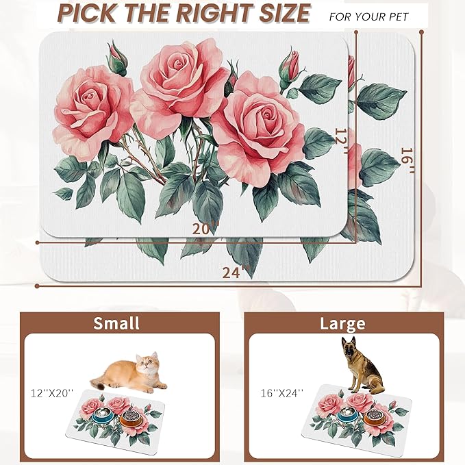 Pink Rose Pet Feeding Mat,Vintage Absorbent Quick-Dry Cat Dog Food and Water Bowl Mats,Non-Slip Rubber Backing Mat,Cat Dog Accessories Supplies 12"x20"
