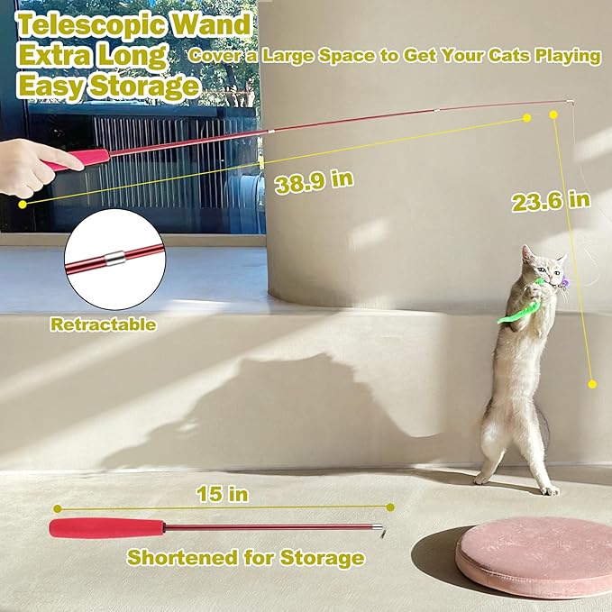 Cat Toys for Indoor Cats, Interactive Cat Toy 2PCS Retractable Wand Toy and 9PCS Cat Feather Toys Refills, Funny Kitten Toys Cat Fishing Pole Toy for Bored Indoor Cats Chase and Exercise