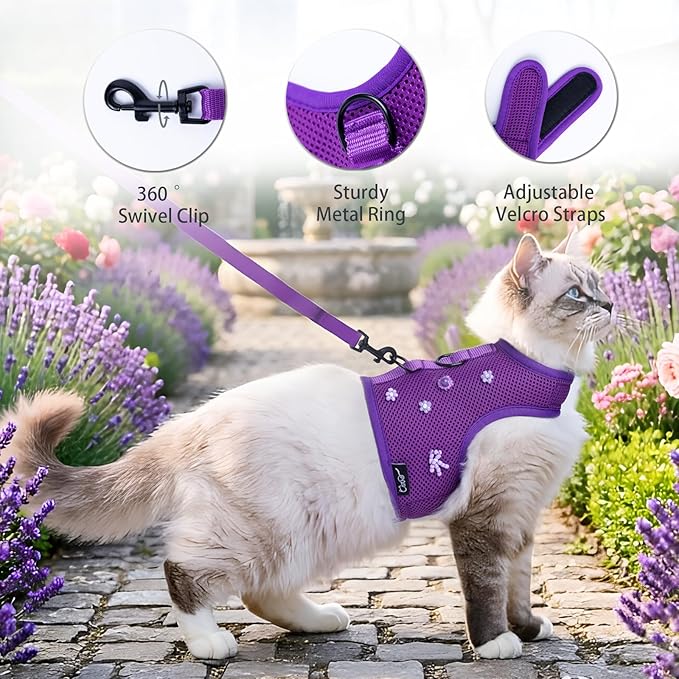 Kitty Harness and Leash for Walking Escape Proof Breathable Mesh Fabric, Purple, Small, Adjustable Cat Walking Jackets with DIY Beads, Padded Stylish Cat Vest
