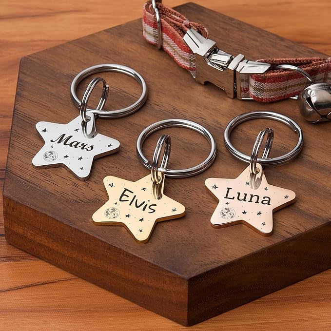 Anavia Small Size Dog Cat ID Tags, Small/XS Personalized Color Plated Stainless Steel Puppy Kitten Name Tags, Customized Engraved Nameplate Pet Collar Tag (Blue, Star)