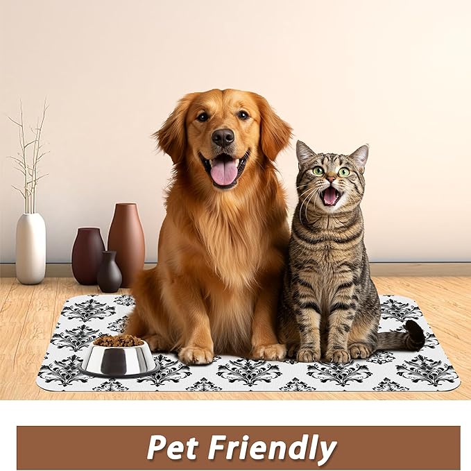 Vintage Damask Flower Dog Cat Food Mat,White Black Floral Absorbent Pet Feeding Mat for Food and Water,Non-Slip Dog Bowl Mats Floor Protector 16"x24"