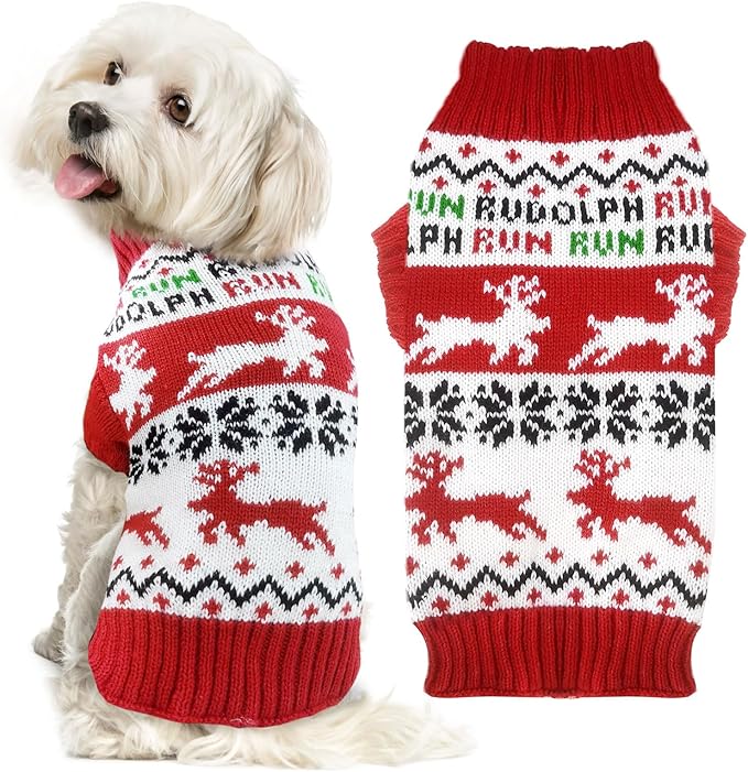 Dog Christmas Sweater Xmas Pet Clothes Cute Reindeer Christmas Dog Costume Outfits Holiday Knitwear Puppy Cat Jumpers New Year Gifts for Small Medium Large Dogs(Red Runing Deer,S)