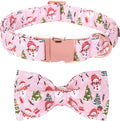Christmas Dog Collar, Christmas Tree and Snowman Print Cute Winter Holiday Collars Cotton Adjustable Comfortable Pink Dog Collar with Bow,Stylish Collars for Small Girl Dogs