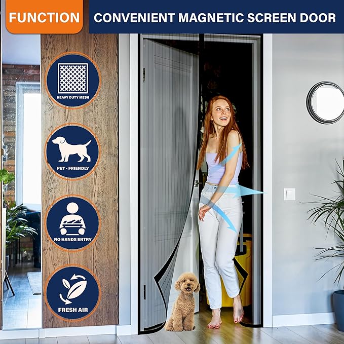 Magnetic Screen Door，Screen Door Mesh，Keep Bugs Out, Heavy-Duty Mesh Curtain,Pet and Kid Friendly, Works with Front Doors, Sliding Doors（34 x 82 Inch ‎Black