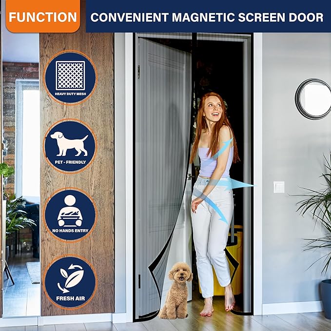 Magnetic Screen Door, Heavy Duty Door Screen Magnetic Closure Keep Bugs Out,Pet & Kid Friendly，Hands Free Door Screen Fit Door Size40 x 96 Inches ‎Black