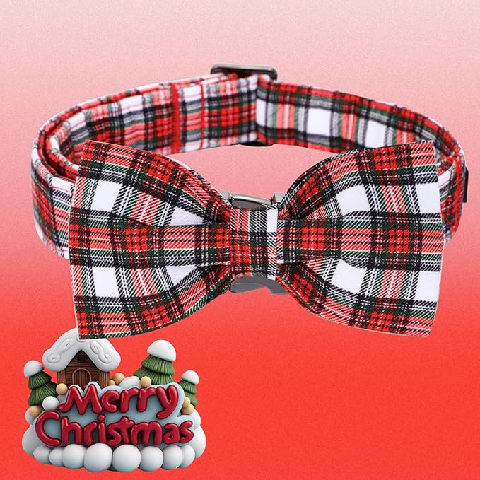 Christmas Dog Collar, Red Plaid Cotton Collars with Bow Adjustable Pet Collar Premium Metal Buckle, Christmas Puppy Necklace for Small Girl and Boy Dogs