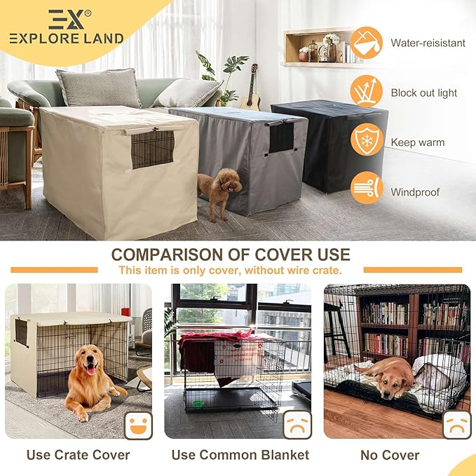 Explore Land 42 inches Dog Crate Cover Heavy Duty Polyester Pet Kennel Sunshade Universal Fit for Wire Cage (Light Tan)
