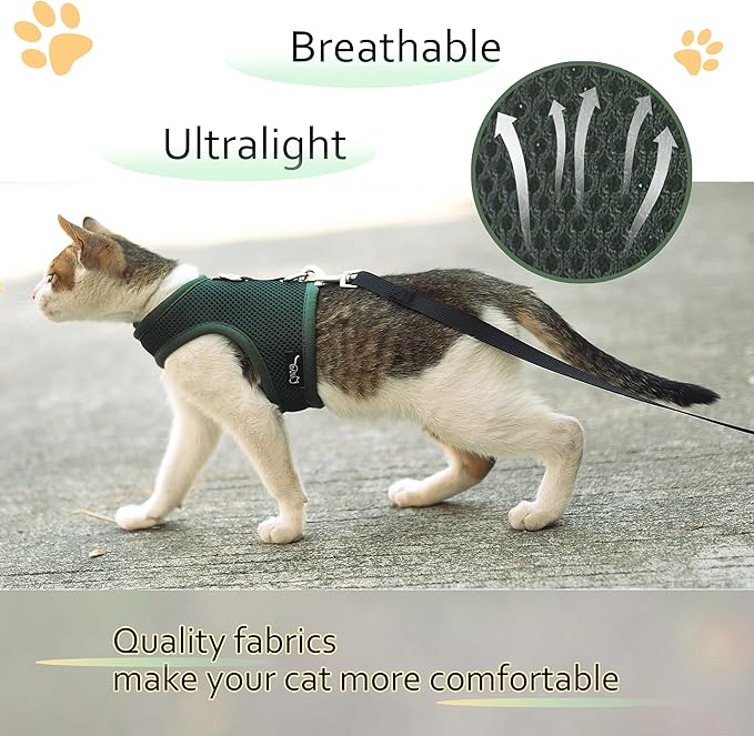 Cat Harness and Leash for Walking Escape Proof Breathable Mesh Fabric, Solid Green, Large, Adjustable Cat Walking Jackets, Padded Stylish Cat Vest