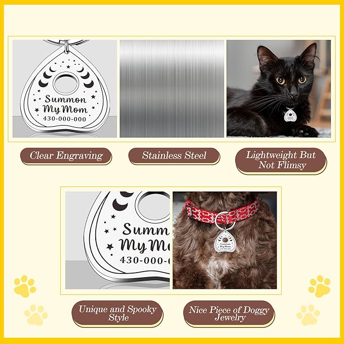 Cat Collar Tags Personalized - Goth Dog Tag Spooky Halloween Style, Summon My Mom Dad, Witch Friendly, Customizable Pet Name ID Tags Engraved on Both Sides, Dog Cat Accessories
