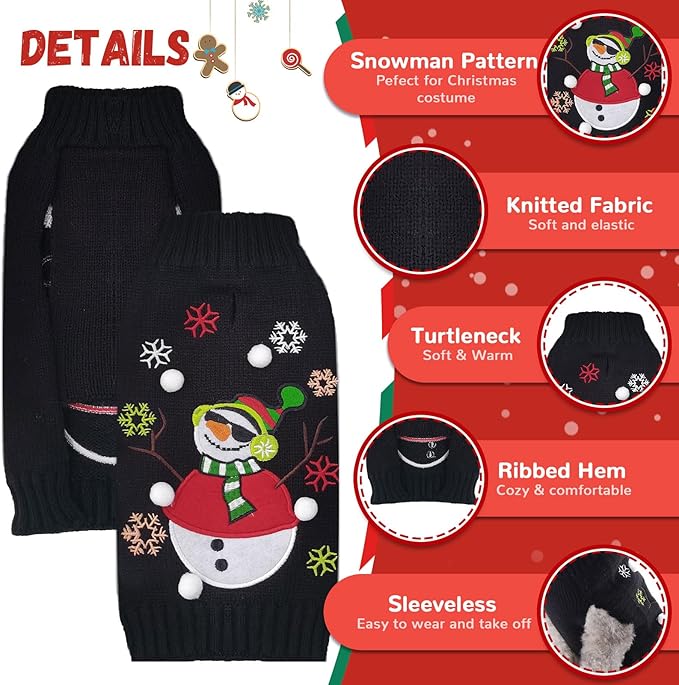 Christmas Dog Sweaters Xmas Pet Outfit Clothes Cute Black Snowman Costume Puppy Cat Knitted Jumpers (XXS,Black Snowman)