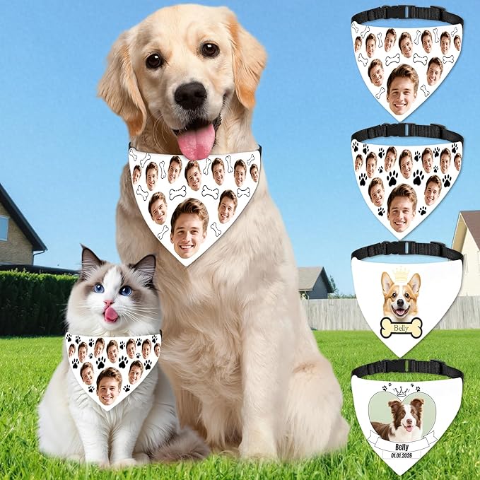 Funny Personalized Dog Bandana Custom Face Design, Custom Dog Bandana with Name, Pet Scarf for Small Medium Large Dogs Personalized Pet Accessories (Funny Style, Small)