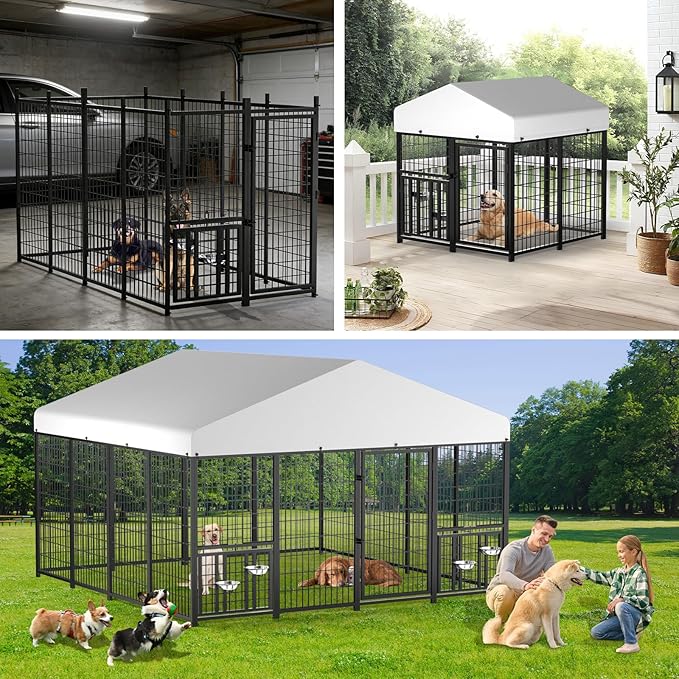 LOVMOR Outdoor Dog Kennel with Roof, Heavy Duty Steel Dog Run Enclosure for Large Dogs, Waterproof Canopy, Double Latch Door, Adjustable Feeding Bowls, Pet Pen for Yard and Patio, 10’L x 10’W x 6.5’H