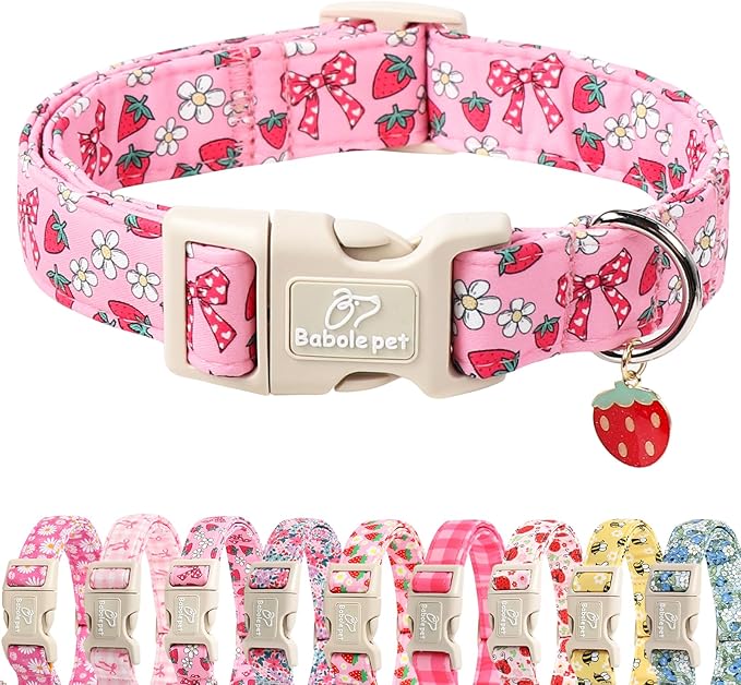 Strawberry Bow Dog Collar for Giant Large Dogs - Cute Pink Spring/Summer Girl Dog Collars, Lightweight Adjustable Female Girly Dogs Collars with Quick Release Buckle XL