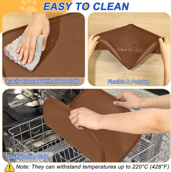 Silicone Pet Feeding Mat with Raised Edge for Food and Water, Dog Bowl Mats, Cat Bowls Placemat with High Lip for Floor Waterproof, Rubber Tray for Cats and Dogs 22 x 14 x0.8 Brown