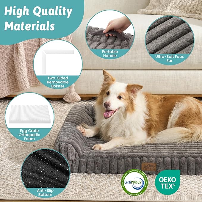 Cute Dog Bed, Faux Rabbit Fur Orthopedic Foam Dog Bed with Sides, Removable Washable Cover & Waterproof Lining, Comfortable Pet Couch for Large Dogs, Grey (44" L x 32" W x 7" Th)