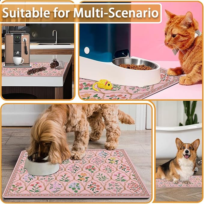 Absorbent Pet Dog Bowl Mat for Food and Water, Pet Cat Food Feeding Mat with Non Slip Rubber Backing, Dog Food Mats for Floors Waterproof, 17"x30"