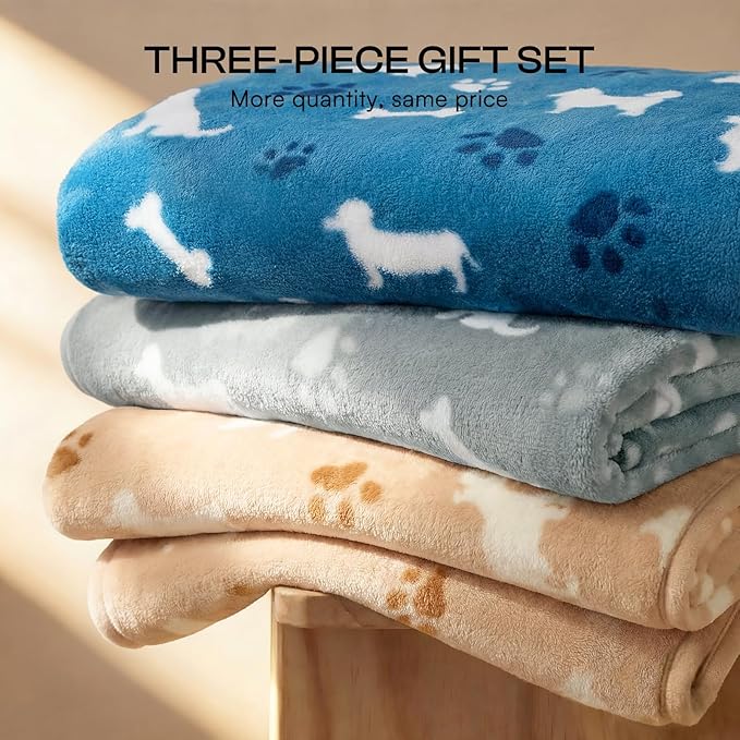 Luciphia 1 Pack 3 Dog Printed Fleece Pet Blankets Washable，Soft Warm Throw Covers for Crate Couch Bed，Cozy Puppy Essentials for Dogs and Cats， Blue/Grey/Khaki, Medium (30x20)