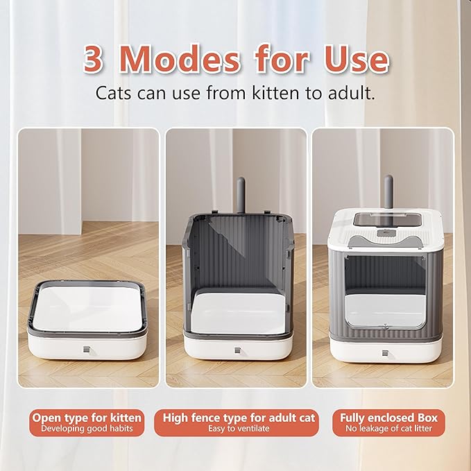 Upgraded Fully Enclosed Cat Litter Box with Lid, Covered Cat Box Enclosure, Anti-Splashing Easy to Clean Kitty Litter Boxes with Drawer, 3 Modes can Use from Kitten to Adult(White&Grey)