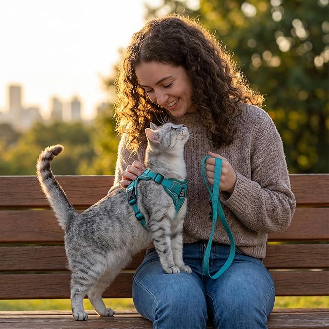 Cat Harness and Leash Set Escape Proof Tactical Medium Kitten Harness Emotional Support Cat Vest, Turquoise, M