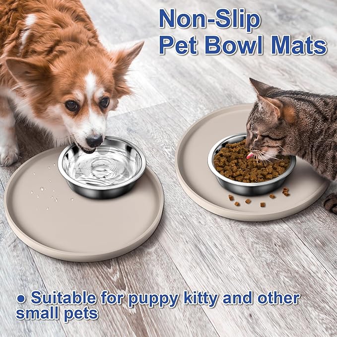 Arespark Dog Food Mat, Nonslip Waterproof Dog Silicone Feeding Bowl Mat with Raised Edges for Floors Prevent Spills, Round Eating Plate Puppy Supplies 10inch (Off White, 2 Pack)