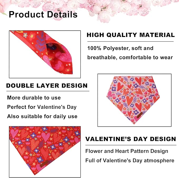 ADOGGYGO Valentines Dog Bandana 2 Pack, Heart and Floral Print Pet Scarf Bib, Adjustable Fit Red Pink Valentines Bandanas for Extra Large Dogs (X-Large)