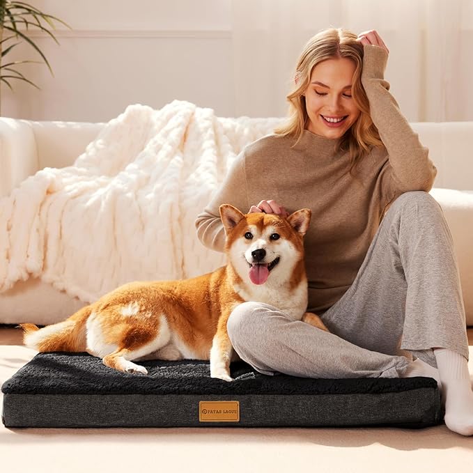 Patas Lague Orthopedic Jumbo Dog Bed for Large Sized Dog 56''X40'', Soft Waterproof Egg Crate Foam Large Pet Crate Beds Mat with Removable Washable Cover and Non-Slip Bottom, Black
