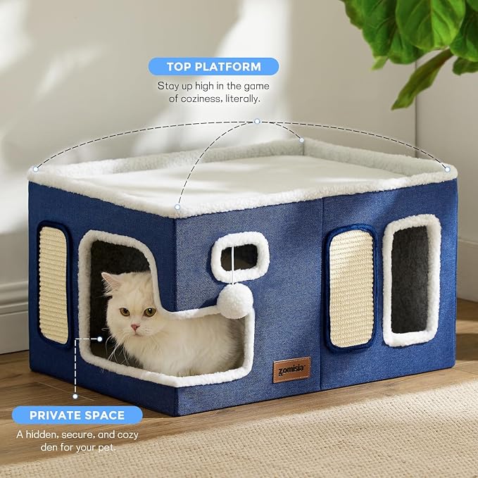 Heated Cat House for Indoor Cats - Large Cat Warming Bed for Winter with Fluffy Ball Hanging and Adjustable Heating Pad, Foldable Cat Hideaway,23x16.5x13 inches, Grey