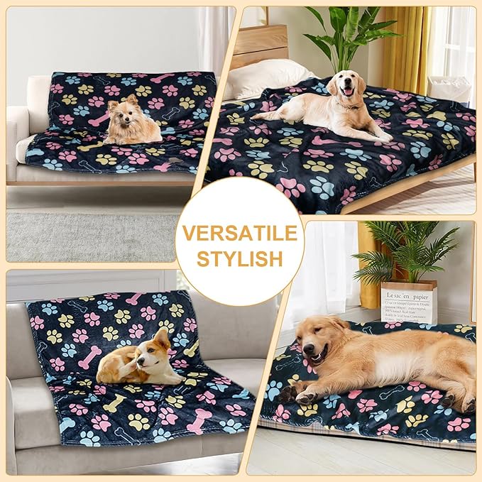 Dog Blankets for Large Dogs, 50"x40" Blanket Washable, Fuzzy Soft Pet Mat Throw Cover for Kennel Crate Bed, Cute Paw Pattern, Cat Blanket, Gifts Medium Small Pet Essentials, Navy Blue