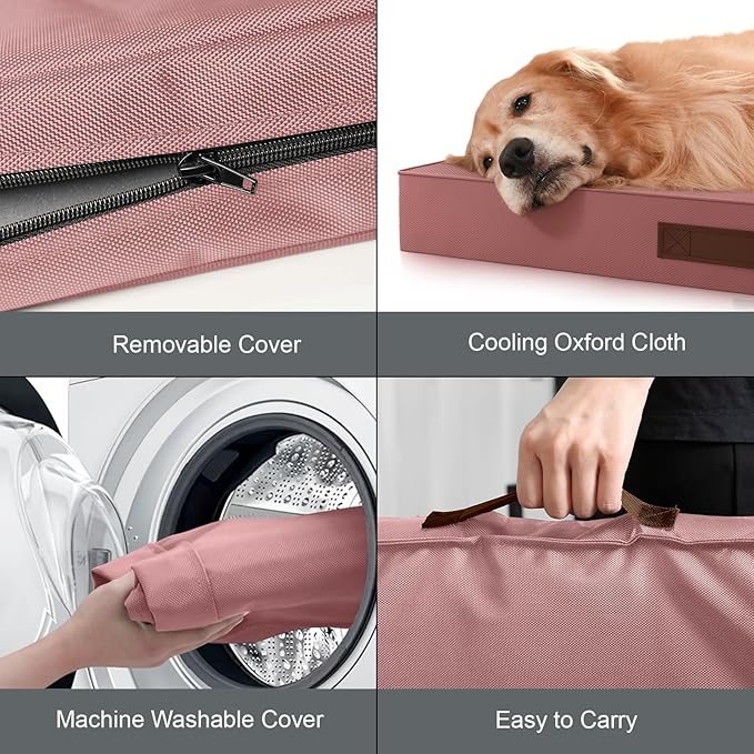 Outdoor Extra Large Dog Crate Bed, XXL Waterproof Dog Bed for Giant Breeds Dogs, 47x29 Inch Orthopedic Egg Crate Foam Pet Mat with Removable Cooling Cover, Pink