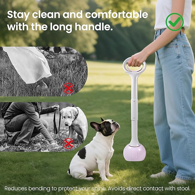 Dog Pooper Scooper Portable with Bag Attachment, One Handed Foldable Design, Includes 120 Waste Bags and Dispenser, 28 Inch Handle for Grass Yard Gravel Cleanup (Purple)
