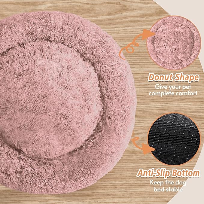 JOLLYVOGUE Calming Dog Bed for Small Dogs - 23 inches Donut Washable Small Dog Bed for Kittens & Puppies, Anti-Slip Round Fluffy Plush Faux Fur Cat Beds (Fits up to 25 lbs Pets, Dark Pink)