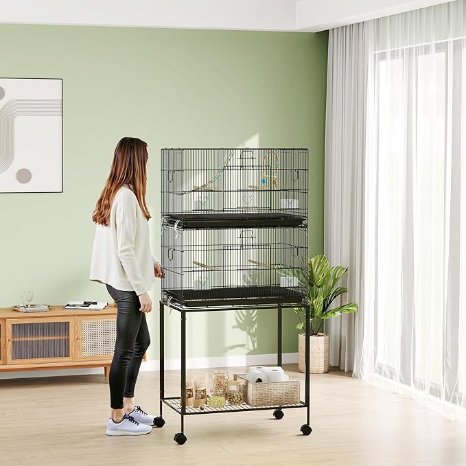 PawHut Double Stackable Bird Cage with Stand, Wooden Swing, Rope Ladder & Wheels for Canaries, Lovebirds Finches, Budgie Cage with Storage Shelf, Removable Tray, Wooden Perches & Food Containers
