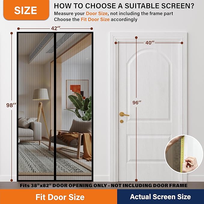 Magnetic Screen Door, Heavy Duty Door Screen Magnetic Closure Keep Bugs Out,Pet & Kid Friendly，Hands Free Door Screen Fit Door Size40 x 96 Inches ‎Black