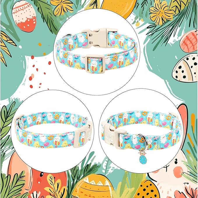 Easter Dog Collar for Large Dogs - Cute Easter Egg Hunt Dog Collars for Boy Girl Dogs, Playful Bunny & Chick Print, Lightweight Adjustable Spring Holiday Dog Collar L