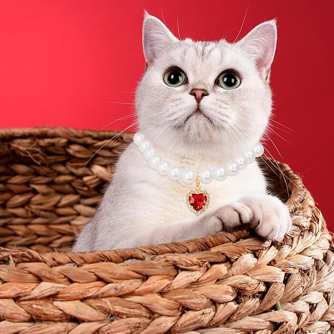 2pcs Cat Pearl Collar with Heart Pendant, Cute Pearl Pet Necklace in Small, Adjustable Wedding Party Small Dog Jewelry Accessories for Puppy Kitten- White & Red