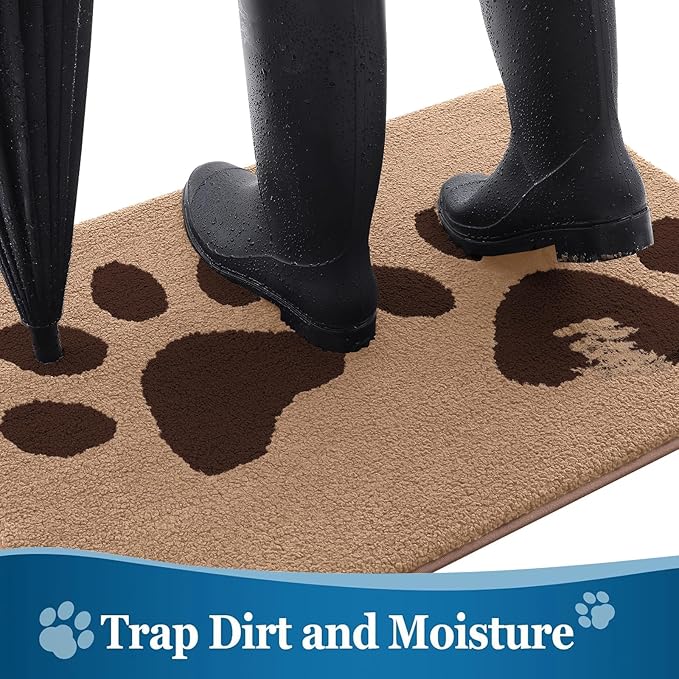 Buganda Dog Door Mat for Muddy Paws, Absorbent Dirt Trapper Washable Indoor Doormats, Non Slip Low-Profile Mud Mat for Dogs, Front Entrance Doormat for Inside Floor (47x24 Inches, Beige)
