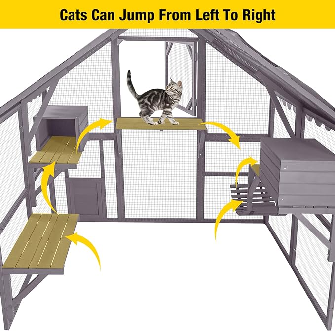 Aivituvin Cat House Outdoor Catio Kitty Enclosure with Super Large Enter Door,Wooden Cat Cage Condo Indoor Playpen with Platforms,Small House 74 Inch
