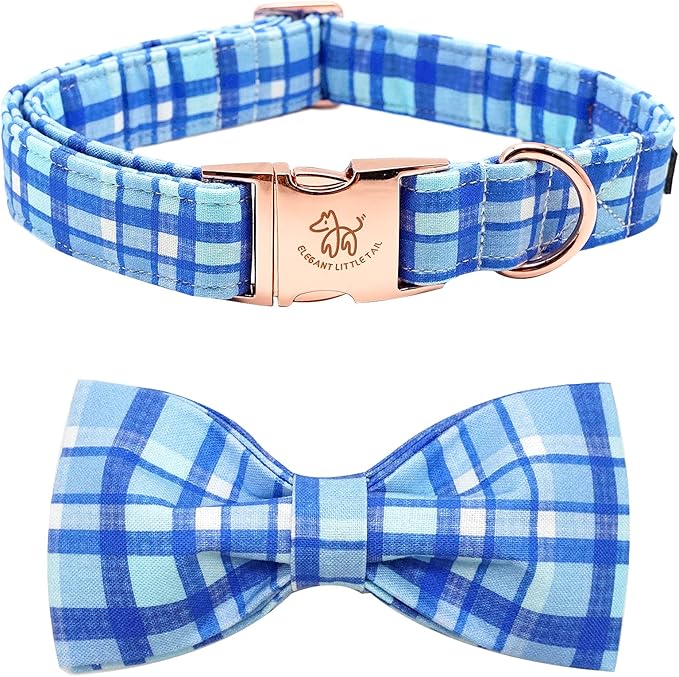 Elegant little tail Dog Collar with Bow - Blue Plaid Boy Dog Collar Cute Bowtie Pet Collar Adjustable Dog Collar for X-Small Puppy and Cat