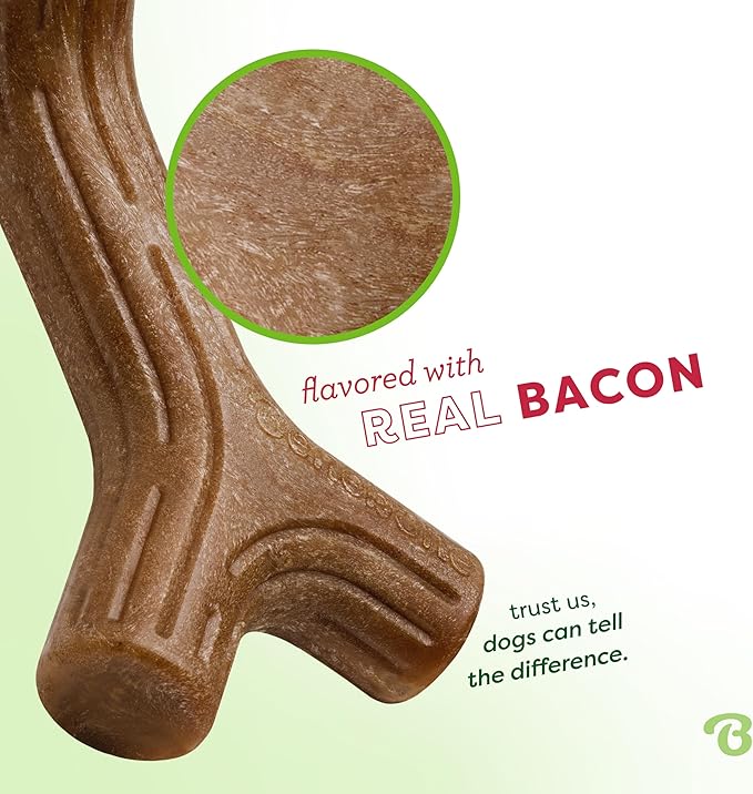 Benebone Bacon Stick Real Wood Durable Dog Chew Toy, Made in USA, Large