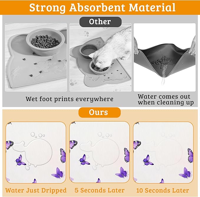Pet Feeding Mat,Lavender Butterfly Absorbent Dog Cat Food Mat Purple Dog Mat with Rubber Backing,Non-Slip Water Bowl Placemat,Pet Supplies 12" x 20"
