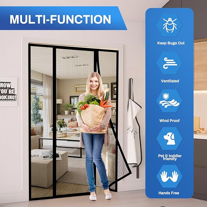 Magnetic Screen Door Upgraded PET Mesh Stronger Than Fiberglass and Polyester,Hands Free,Keeps Bugs Out,Pet & Kid Friendly,Suitable for Sliding Door,Large Patio Door and French Door-64''x80''