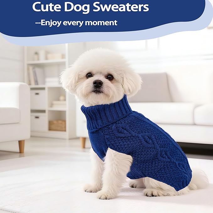 Dog Sweaters Small Dog Clothes Winter Turtleneck Puppy Sweater Warm Pet Cat Sweater Doggy Pullover Outfit with Twisted Design XS~XL(Navy Blue, Large)