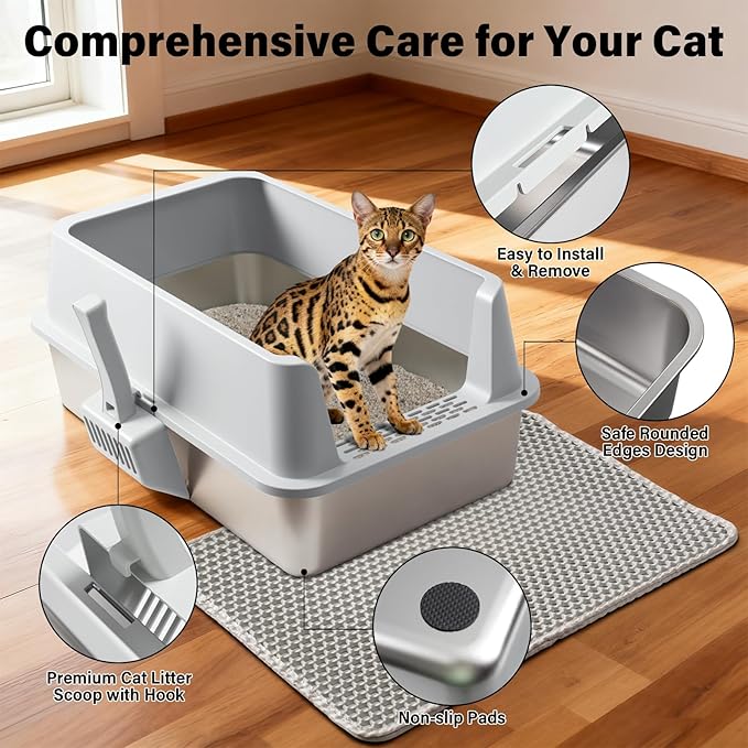 Stainless Steel Litter Box 2 Pack, XL Metal Litter Box with Lid, Extra Large Cat Litter Boxes for Big Cats with High Sides, Easy Cleaning, Non Stick, No Smell, Include Scoop and Mat