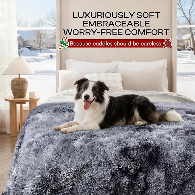 Luciphia Large Waterproof Dog Blanket for Pet Washable Liquid Proof Bed Intimacy Protection Shaggy Plush Calming Long Faux Fur Couch Cover Calming Cat Throw Blankets, Tie-dye Grey, 60" x 80"