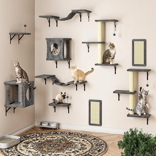 10-in-1 Cat Wall Shelves, Wooden Climbing Wall with Scratching Post, Wall Mounted Cat Furniture for Climbers, Space-Saving Cat Wall for Play & Rest, Drywall & Solid Walls