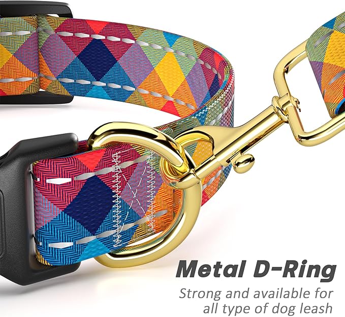 Reflective Dog Collar for Medium Dogs, Cute Boho Adjustable Heavy-Duty Nylon Puppy Collar for Boy and Girl Female, Soft Pet Accessories with Quick Release Buckle, Colorful Tartan